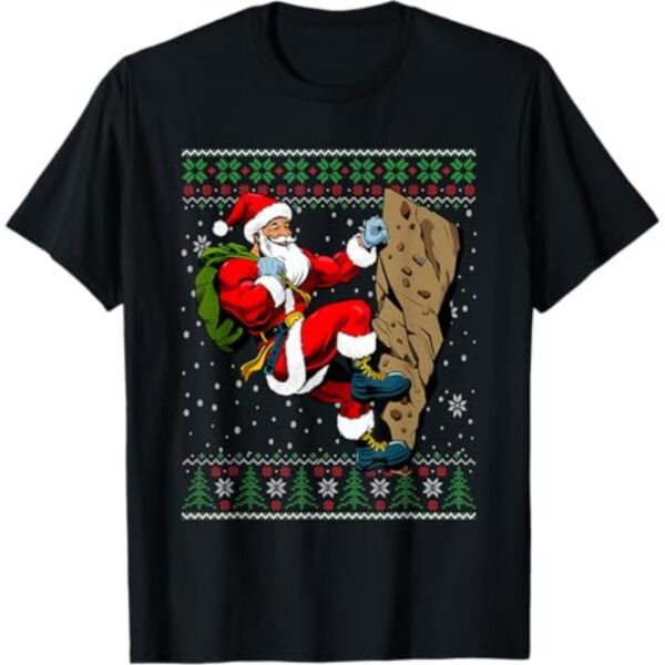 Funny Rock Climbing Santa Ugly Christmas Graphic Tee