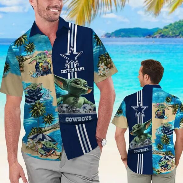 Custom Name Hawaiian Shirt with Grogu and Dallas Cowboys Tropical Beach Print