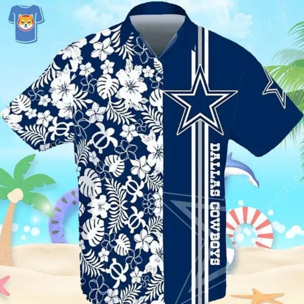 Dallas Cowboys Split Design Hawaiian Shirt with Tropical Floral Turtle Pattern