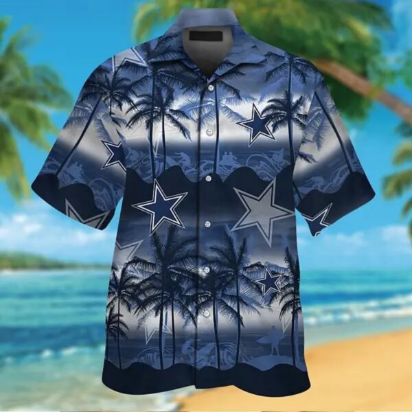 Hawaiian Shirt with Tropical Beach Scene, Palm Trees, and Star Logos