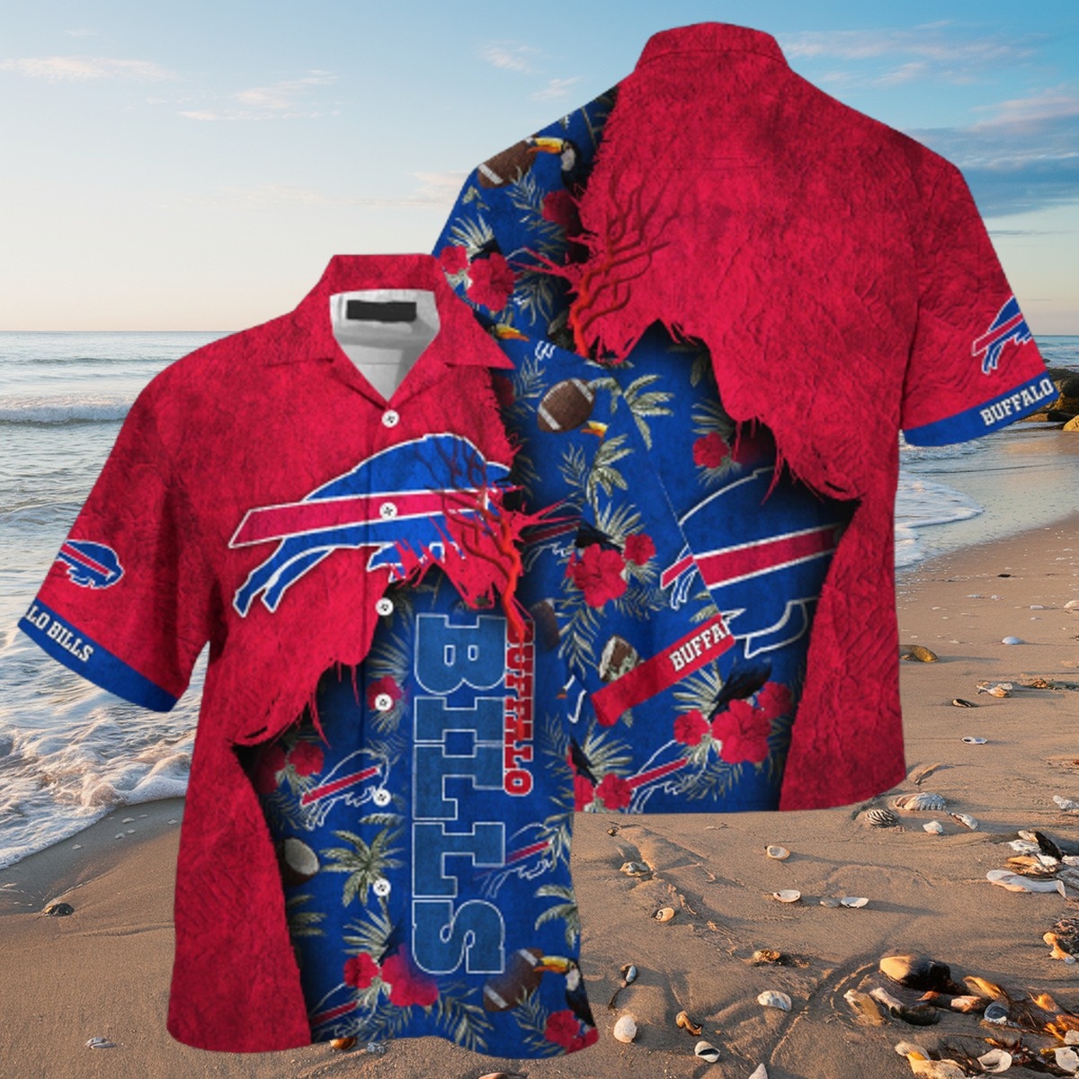 Men s Buffalo Bills Hawaiian Shirt - Distressed Red with Tropical Football Toucan Print Button-Down