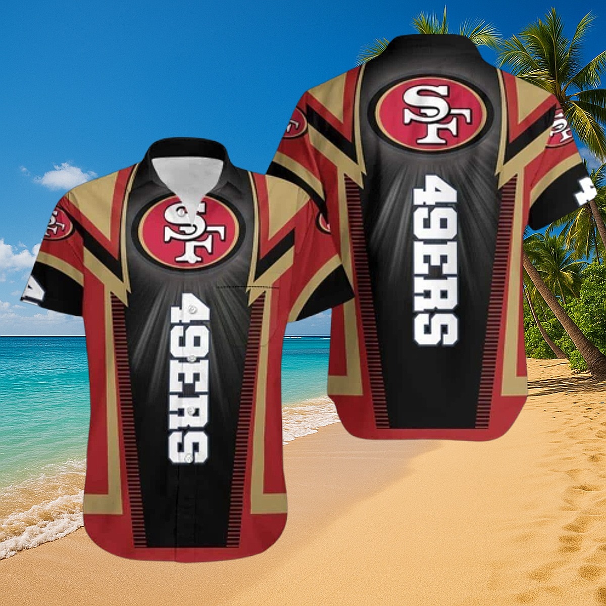 Men s San Francisco 49ers Hawaiian Shirt - Red Gold Black Team Logo Vertical 49ERS Text Button-Down
