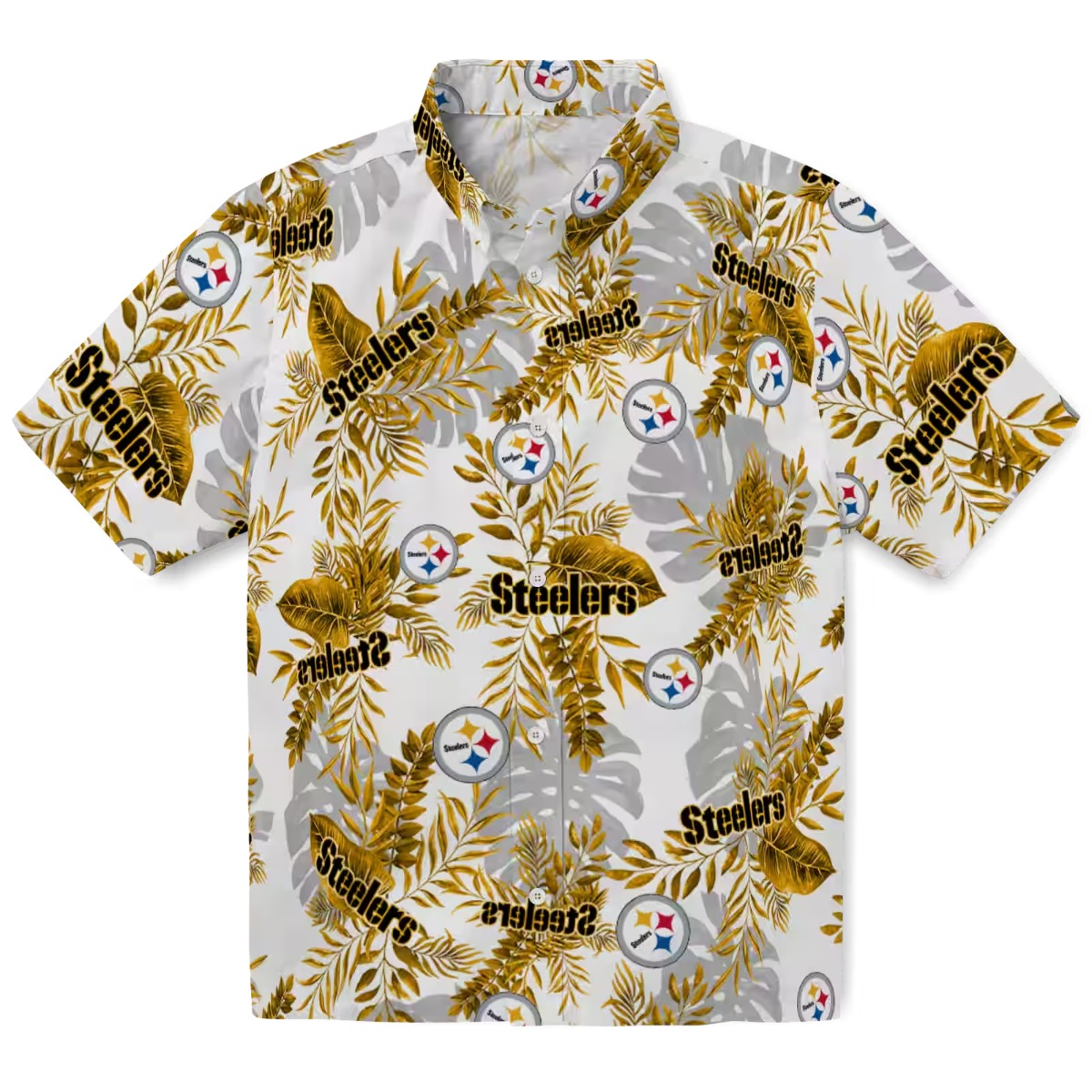 Unisex Pittsburgh Steelers Tropical Leaves Hawaiian Shirt - Gold Grey Floral Pattern Button-Down