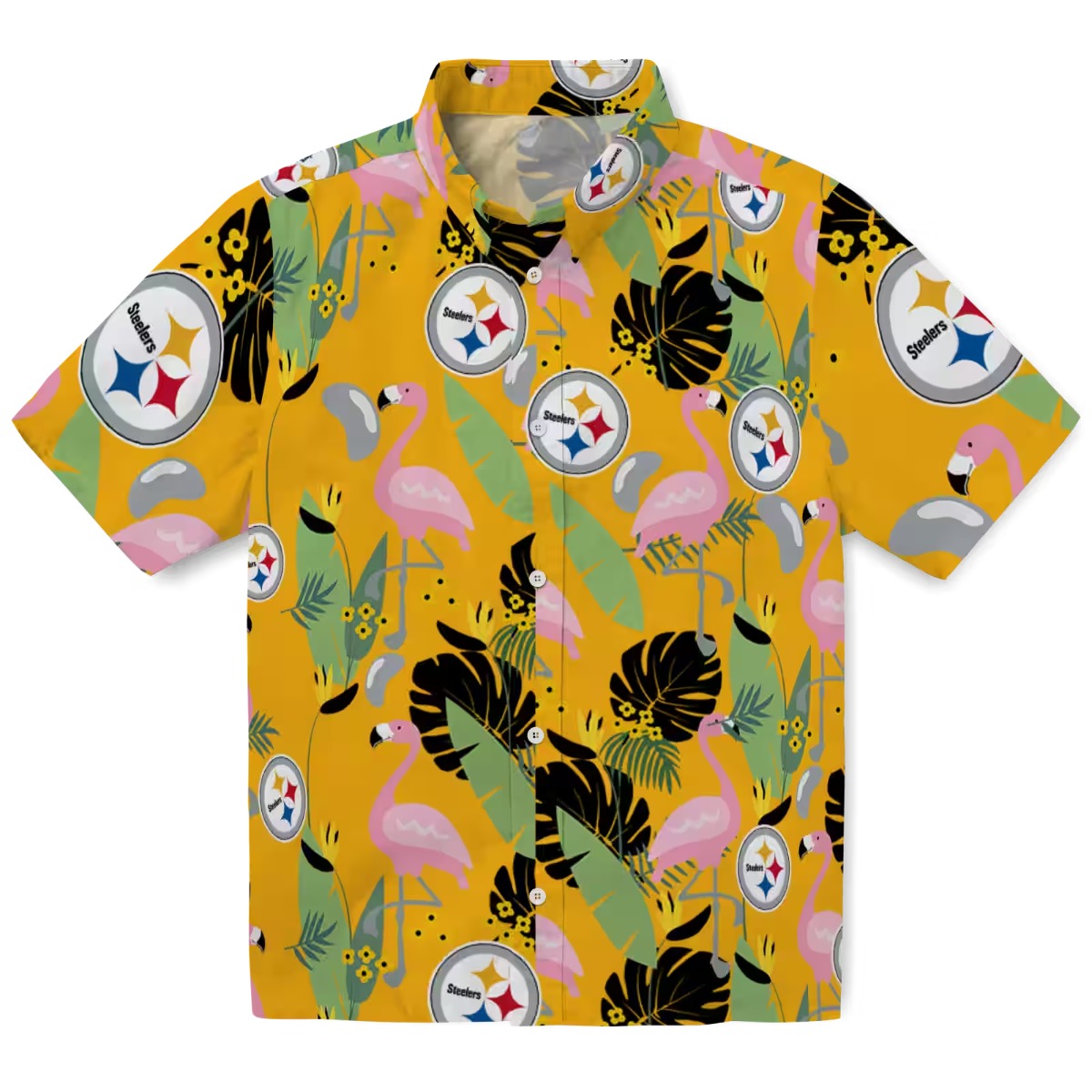 Unisex Pittsburgh Steelers Gold Tropical Hawaiian Shirt with Flamingo and Leaf Print Button-Down