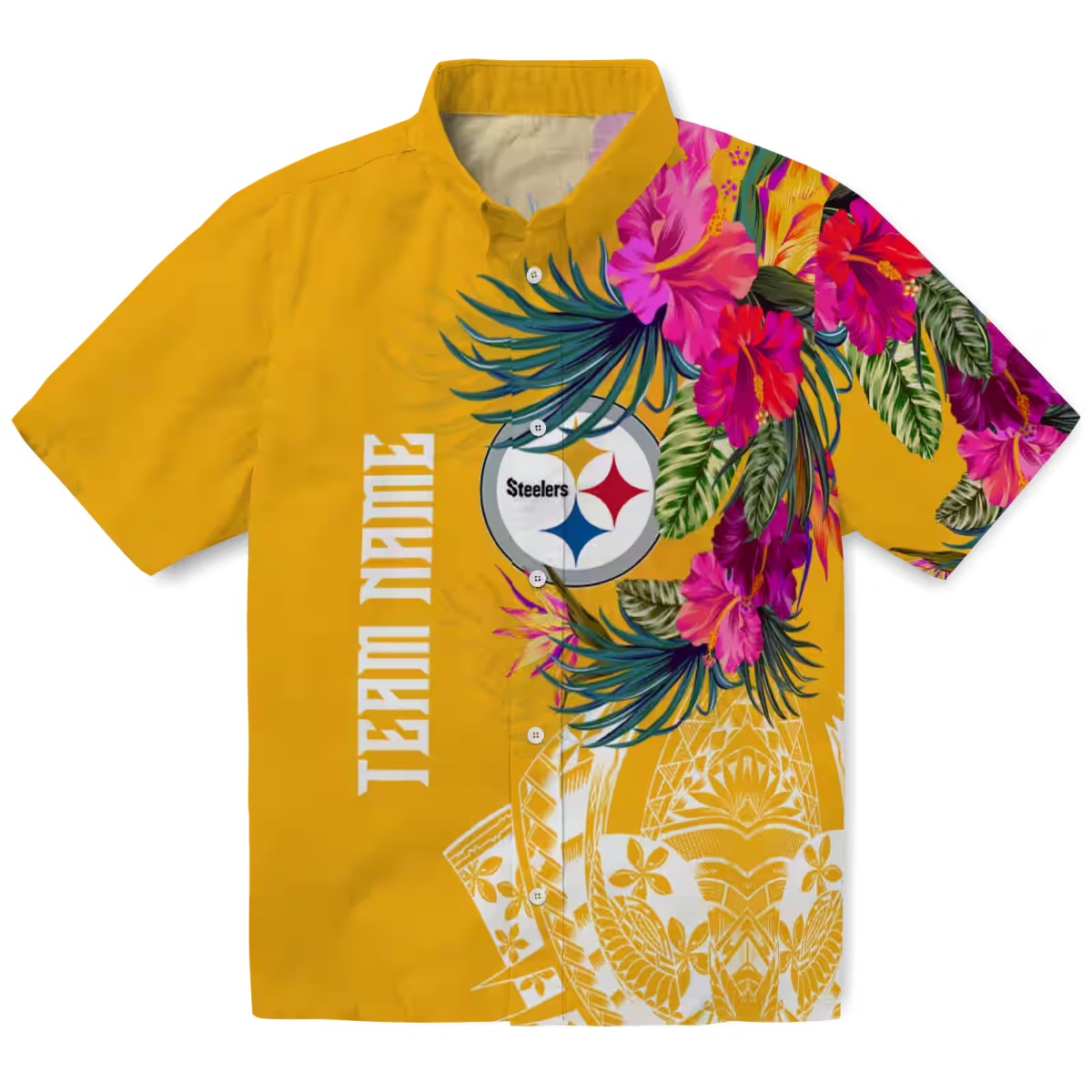 Unisex Pittsburgh Steelers Gold Hawaiian Button Down Shirt with Tropical Floral Polynesian Print
