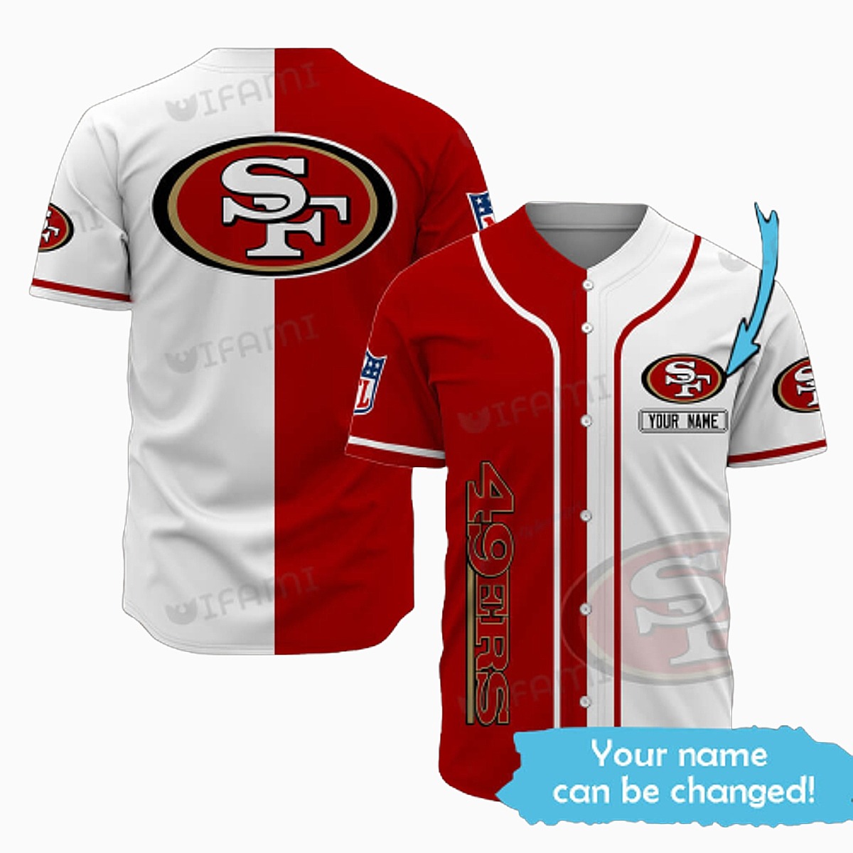 Unisex San Francisco 49ers Split Red White Baseball Jersey - Customizable Name NFL Fan Button-Down