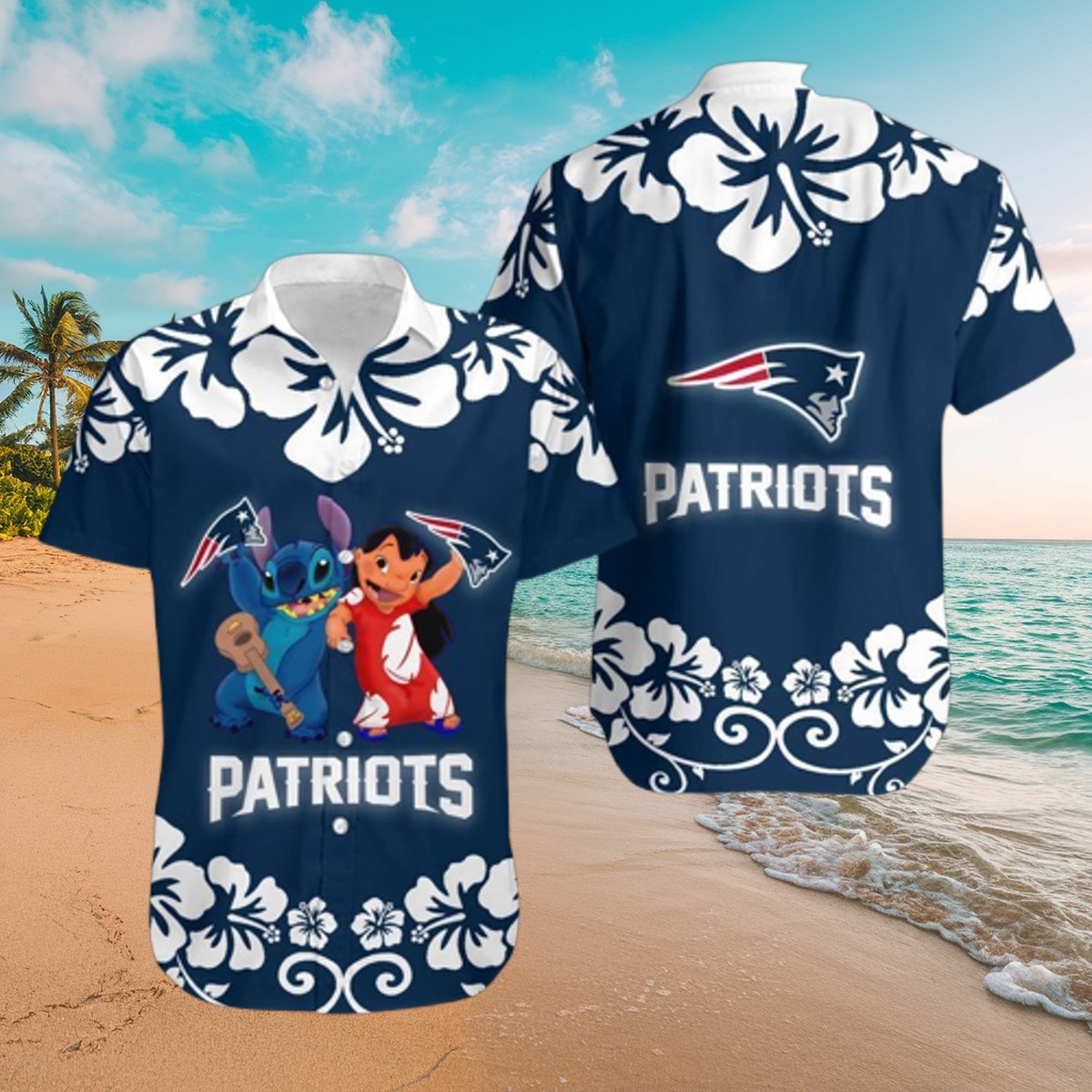 Unisex New England Patriots Lilo Stitch Hawaiian Shirt - Tropical Hibiscus Floral Print Button-Down