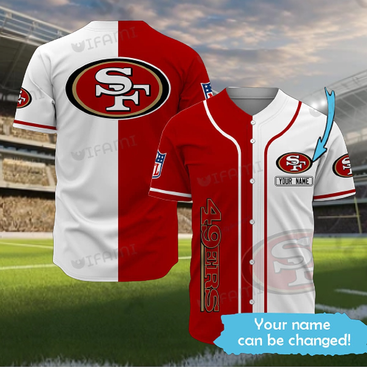 San Francisco 49ers Split Red White Baseball Jersey - Custom Name Button-Down Fan Shirt