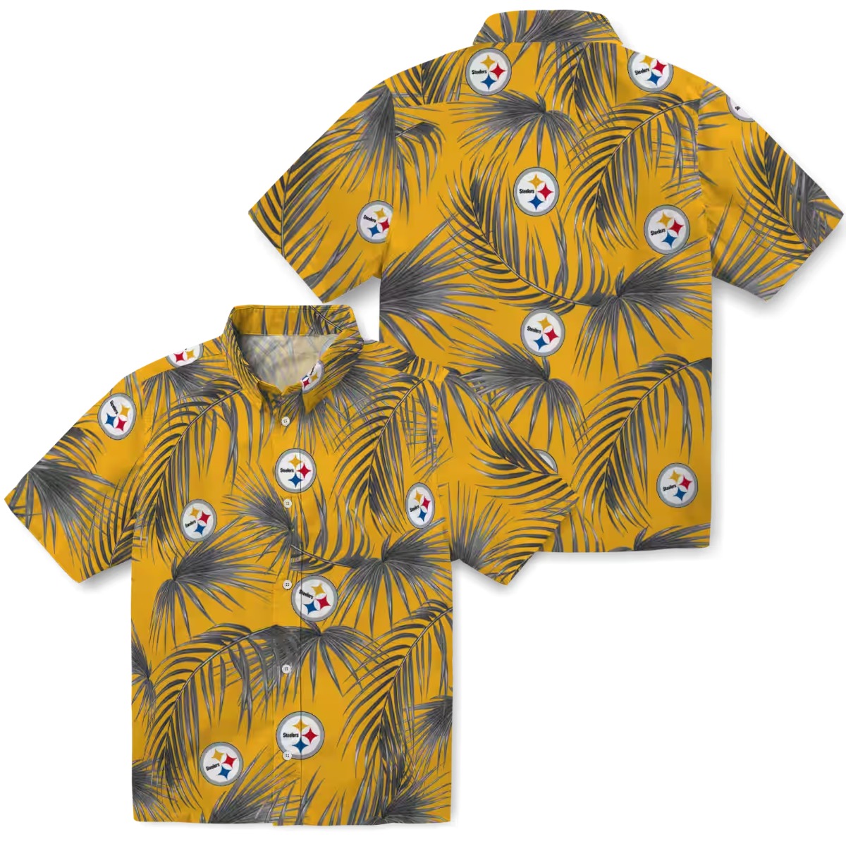 Unisex Pittsburgh Steelers Hawaiian Shirt - Gold Palm Leaf Print Casual Button-Down Short Sleeve