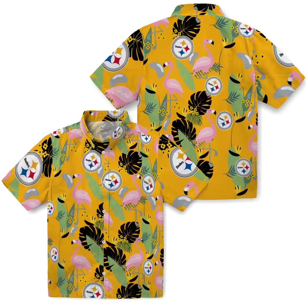 Unisex Pittsburgh Steelers Gold Tropical Hawaiian Shirt with Flamingo and Leaf Print Button-Down