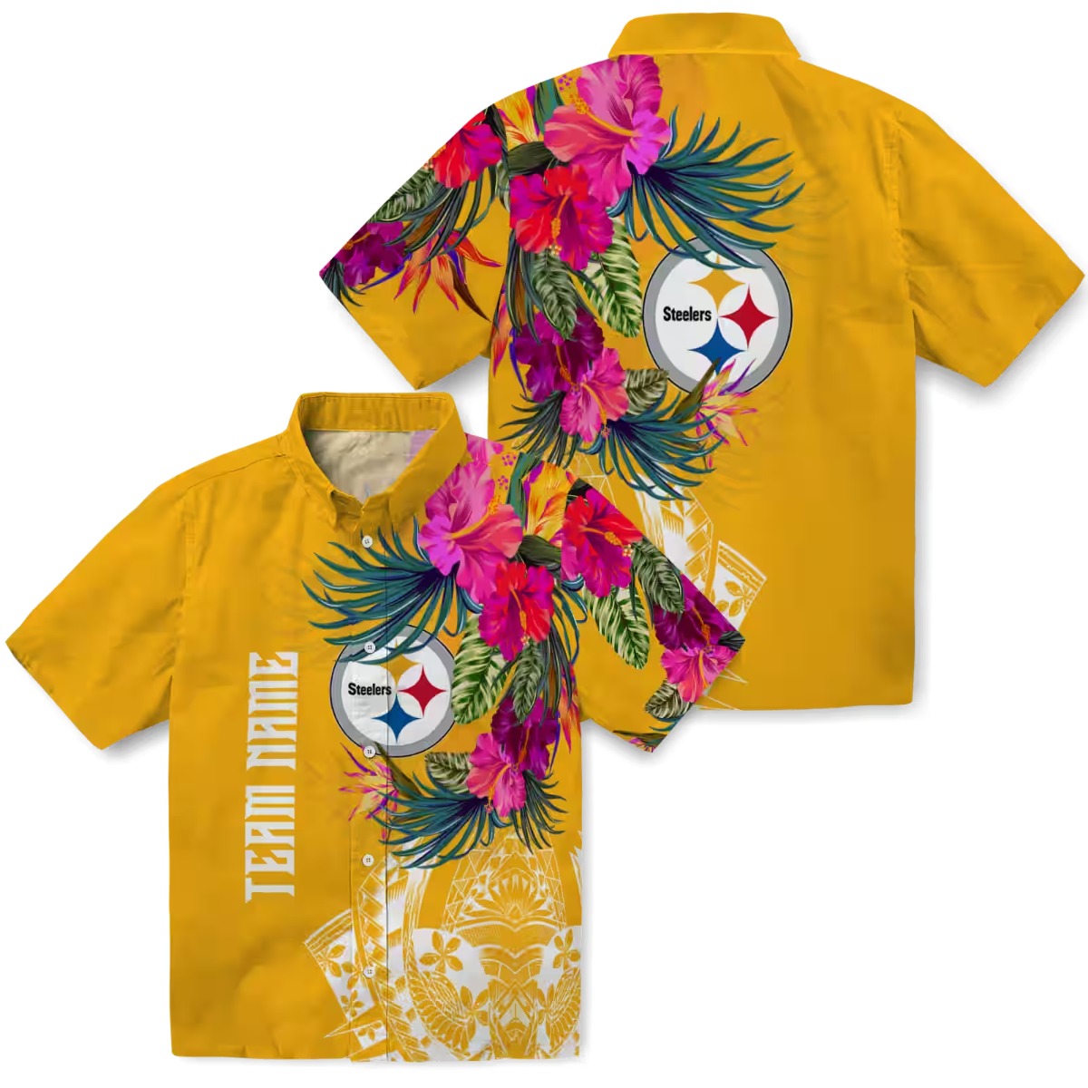 Unisex Pittsburgh Steelers Gold Hawaiian Button Down Shirt with Tropical Floral Polynesian Print