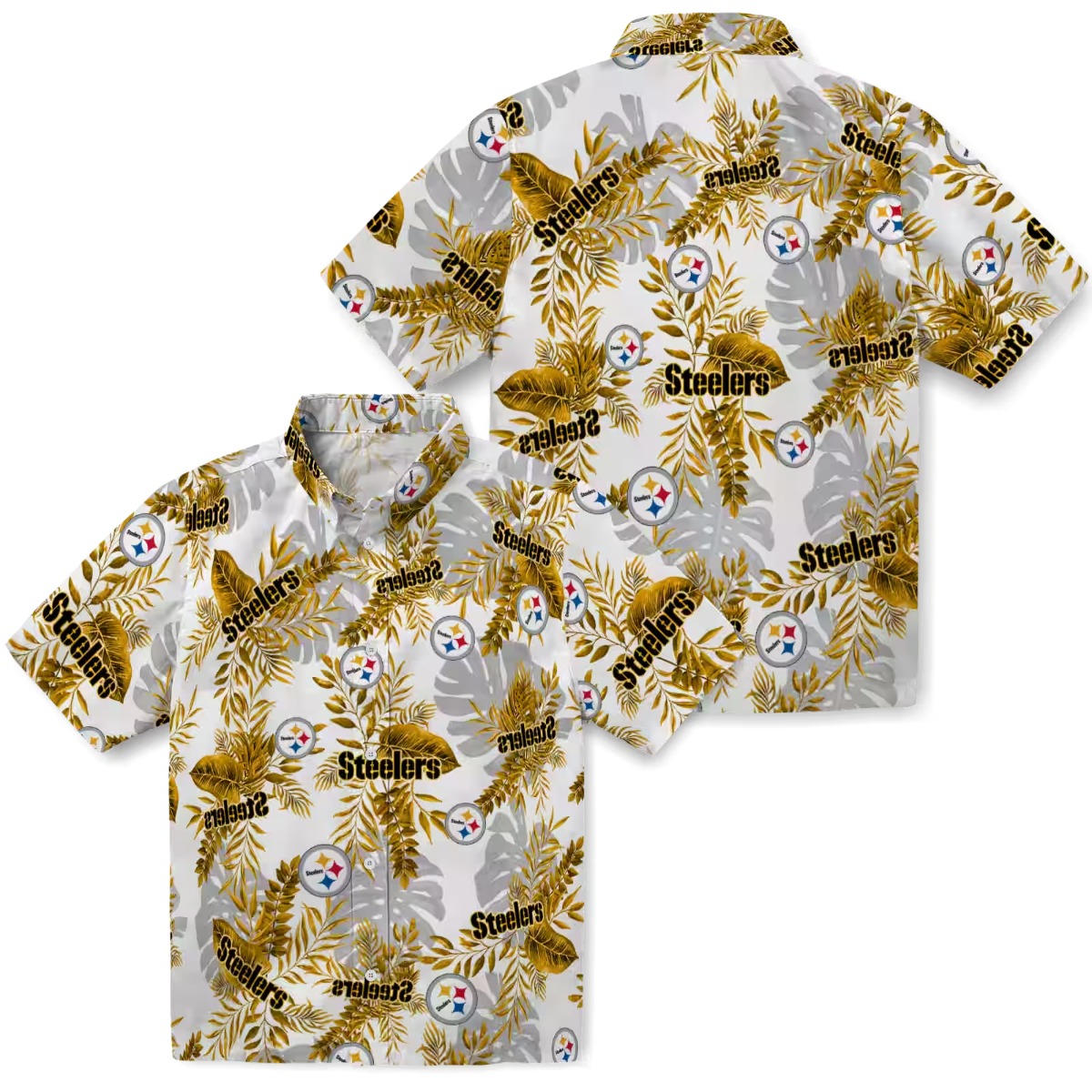 Unisex Pittsburgh Steelers Tropical Leaves Hawaiian Shirt - Gold Grey Floral Pattern Button-Down