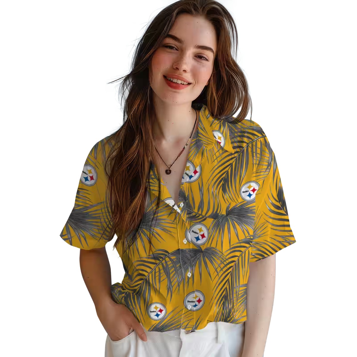 Unisex Pittsburgh Steelers Hawaiian Shirt - Gold Palm Leaf Print Casual Button-Down Short Sleeve