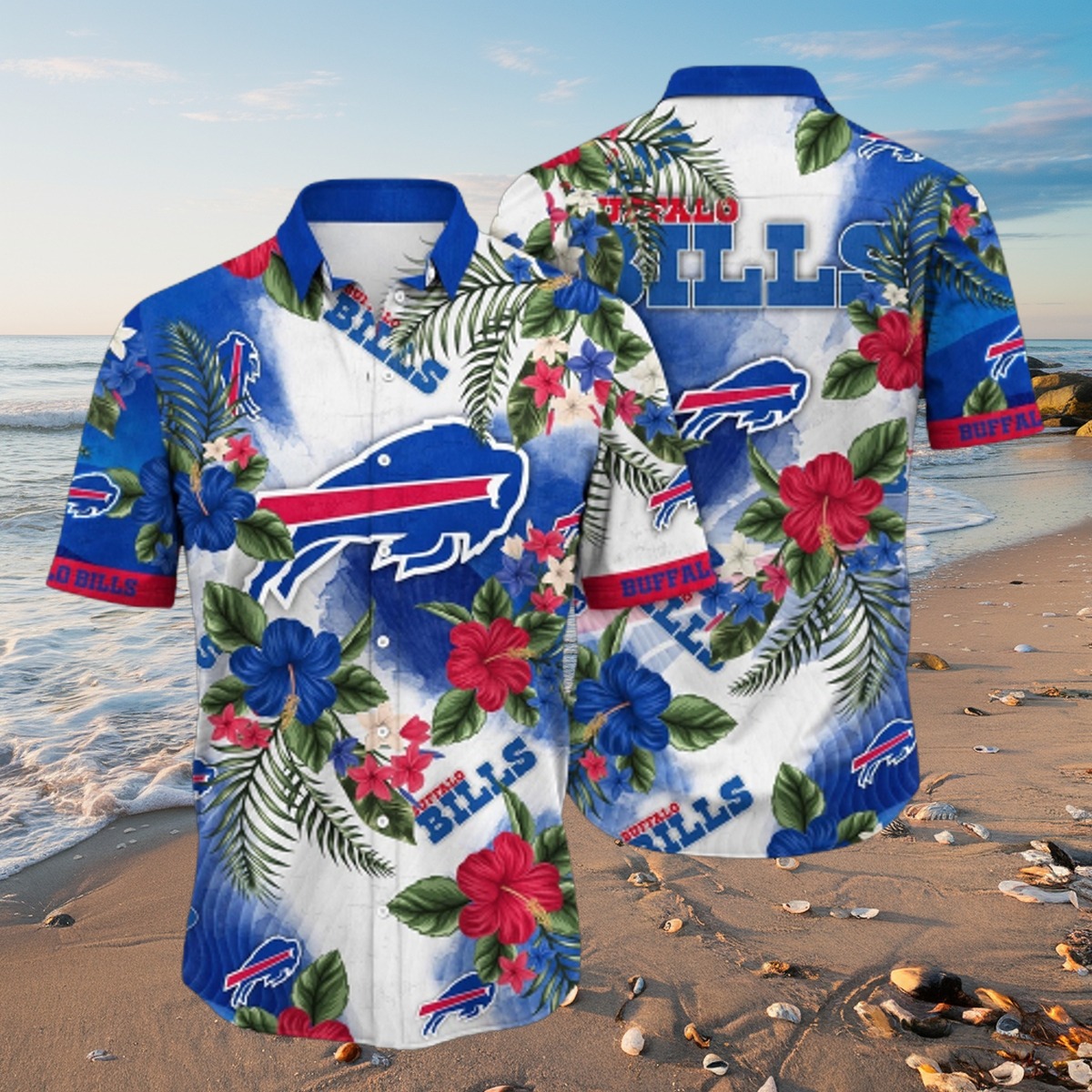 Unisex Buffalo Bills Hawaiian Shirt with Tropical Floral Print - Blue Button-Down Aloha Beach Shirt