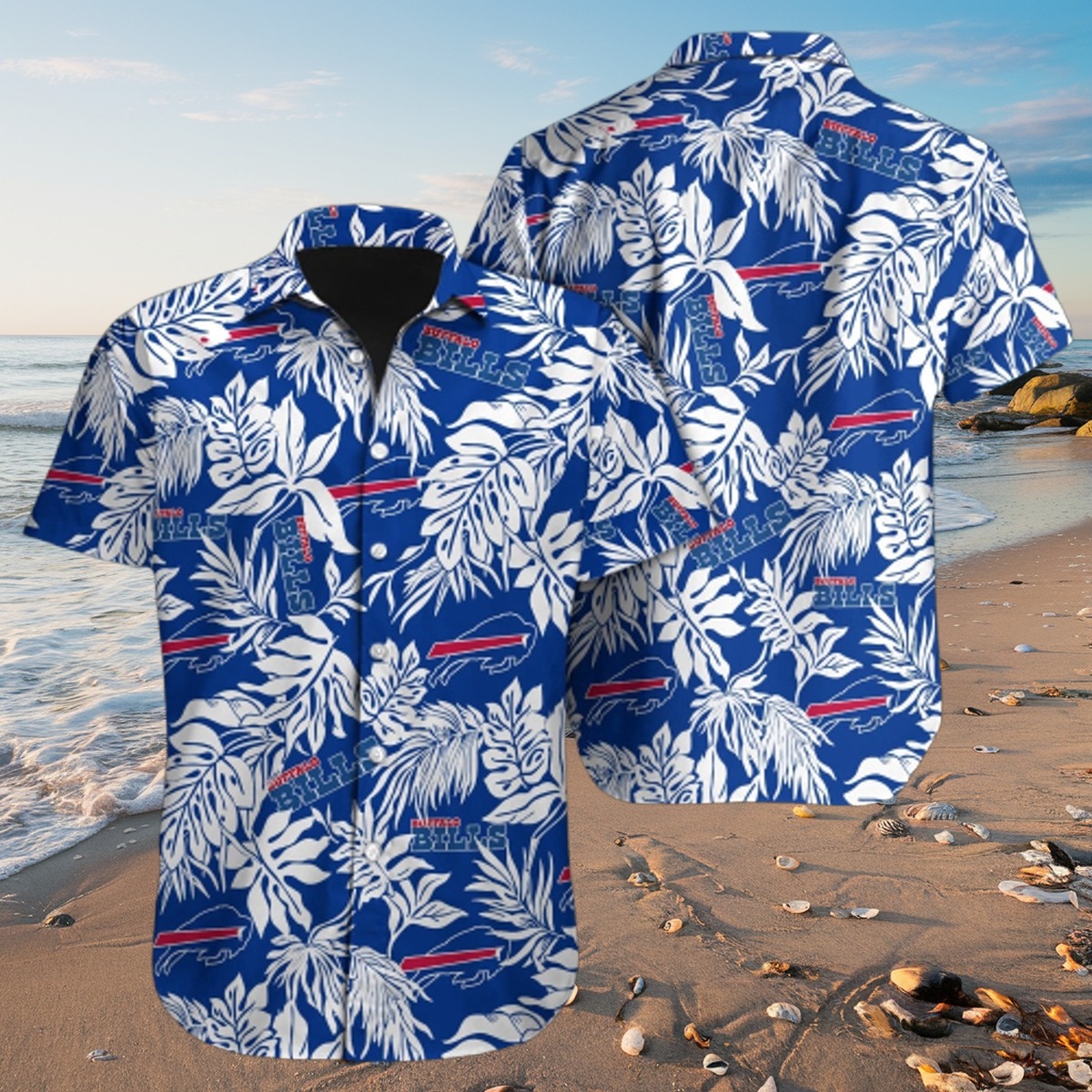 Buffalo Bills Blue Tropical Leaf Print Hawaiian Aloha Shirt Unisex Casual Button-Down