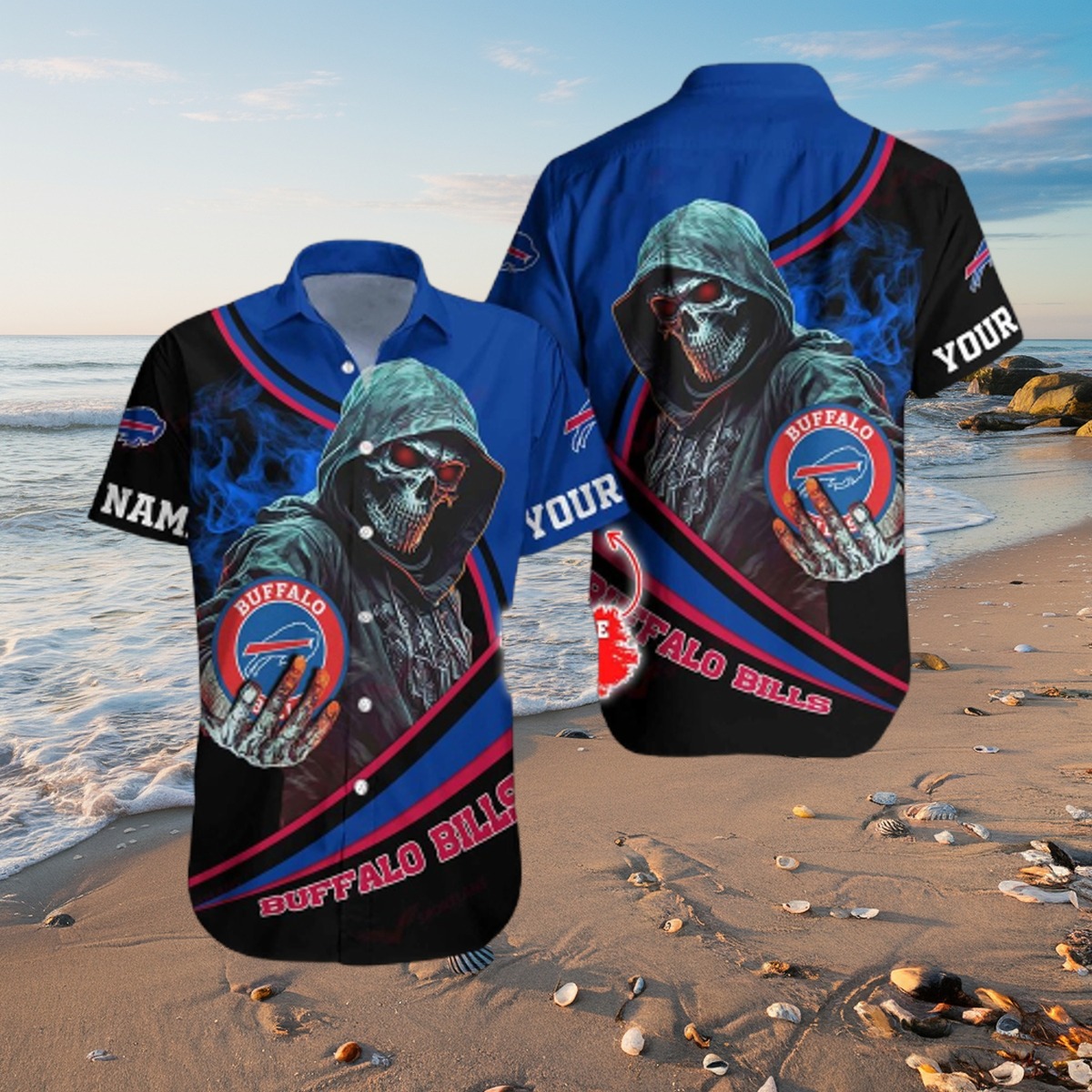 Buffalo Bills Men s Custom Name Hawaiian Shirt - Halloween Skull Grim Reaper Graphic Tropical Button Down