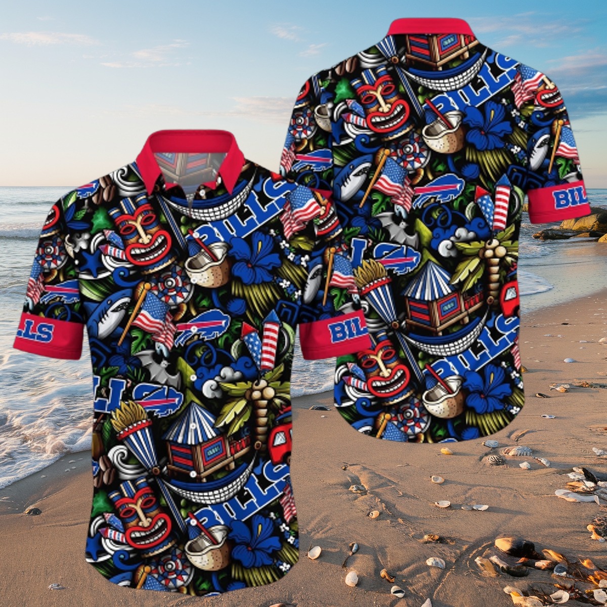 Buffalo Bills Tropical Hawaiian Shirt with Tiki Mask Palm Tree Print - Unisex Aloha Summer Button-Down