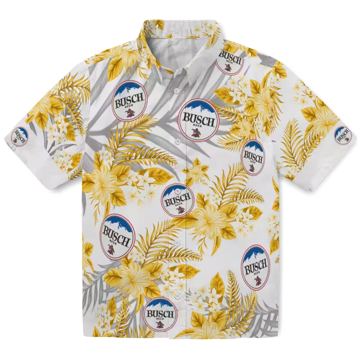 Busch Beer Logo Hawaiian Shirt with Yellow Tropical Flowers and Grey Palm Leaves - White Casual Button-Down