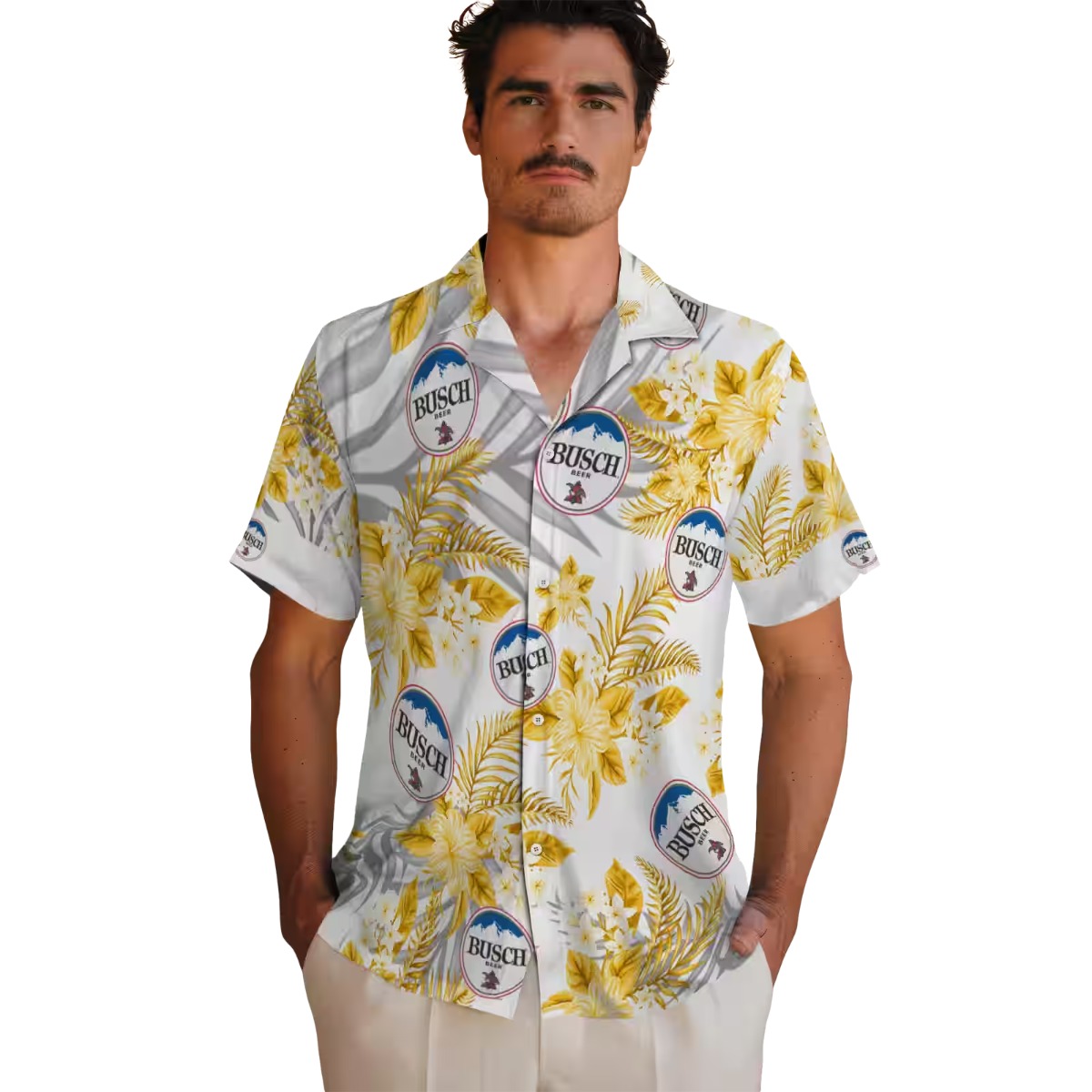 Busch Beer Logo Hawaiian Shirt with Yellow Tropical Flowers and Grey Palm Leaves - White Casual Button-Down