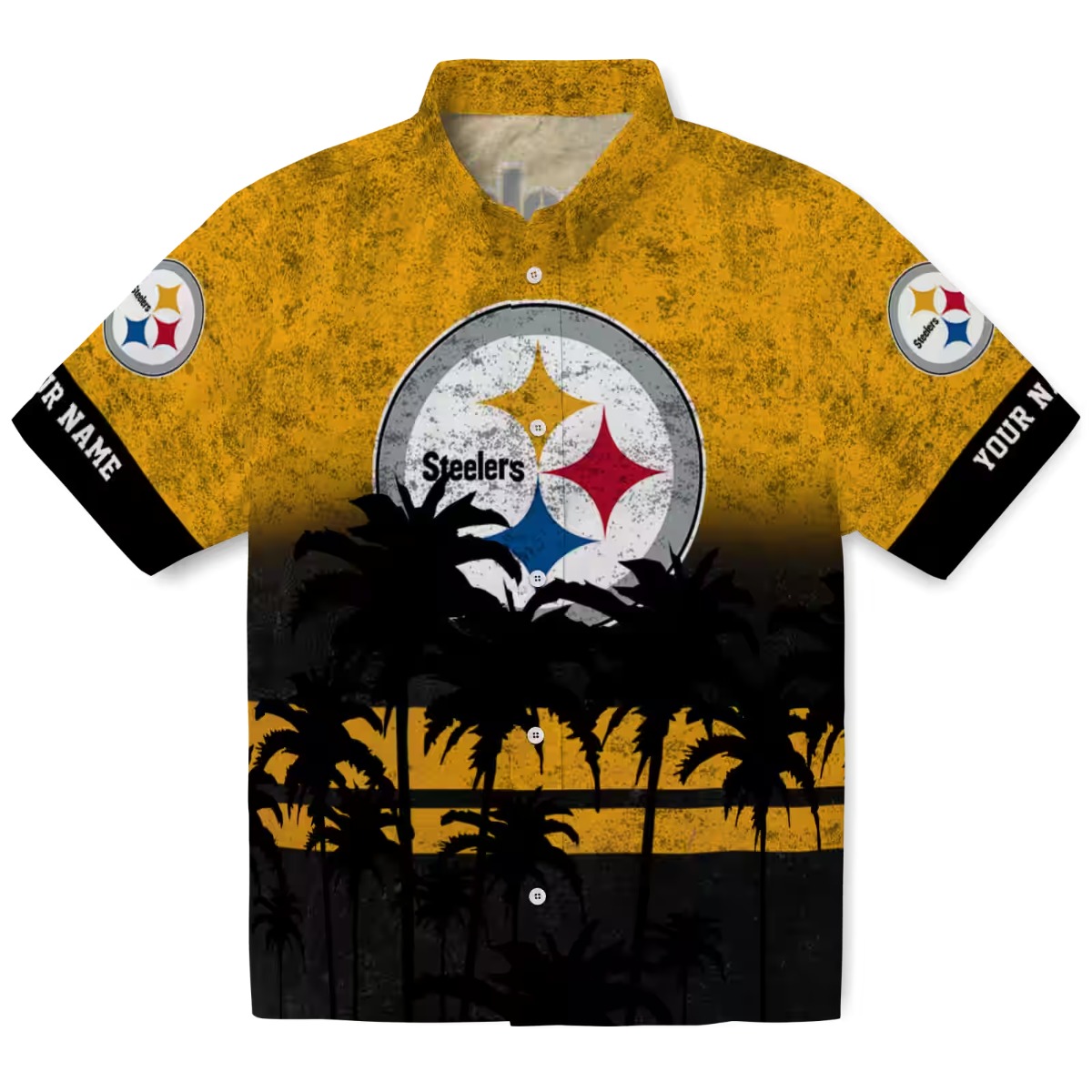 Customizable Unisex Pittsburgh Steelers Hawaiian Shirt - Distressed Gold Black Tropical Palm Tree Button-Down Fan Aloha Shirt