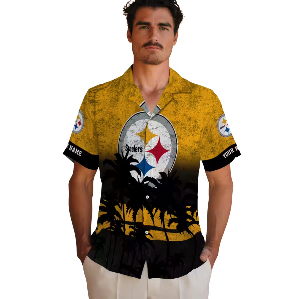 Customizable Unisex Pittsburgh Steelers Hawaiian Shirt - Distressed Gold Black Tropical Palm Tree Button-Down Fan Aloha Shirt