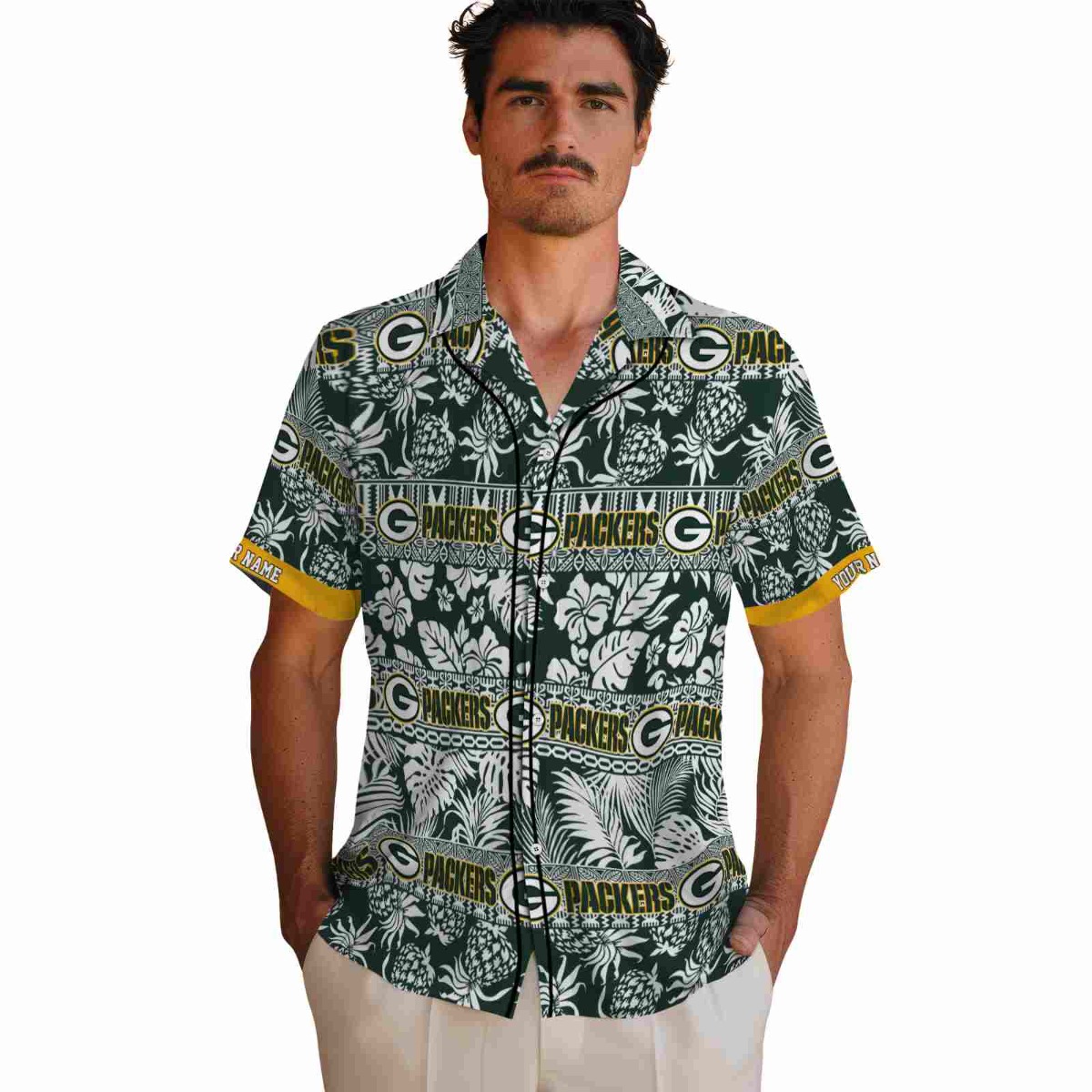 Customized Green Bay Packers Unisex Hawaiian Shirt - Tropical Floral Pineapple Tribal Print Button-Down
