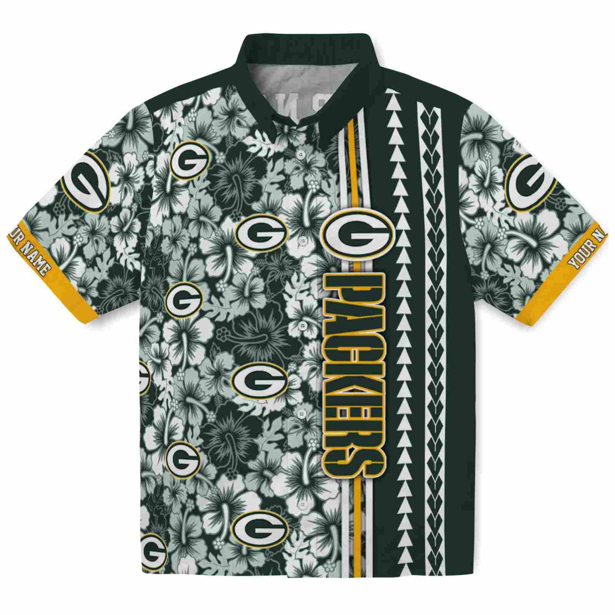 Green Bay Packers Hibiscus Floral Hawaiian Shirt with Arrow Stripe - Unisex Custom Name Button-Down