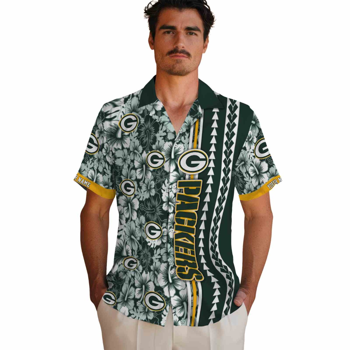 Green Bay Packers Hibiscus Floral Hawaiian Shirt with Arrow Stripe - Unisex Custom Name Button-Down