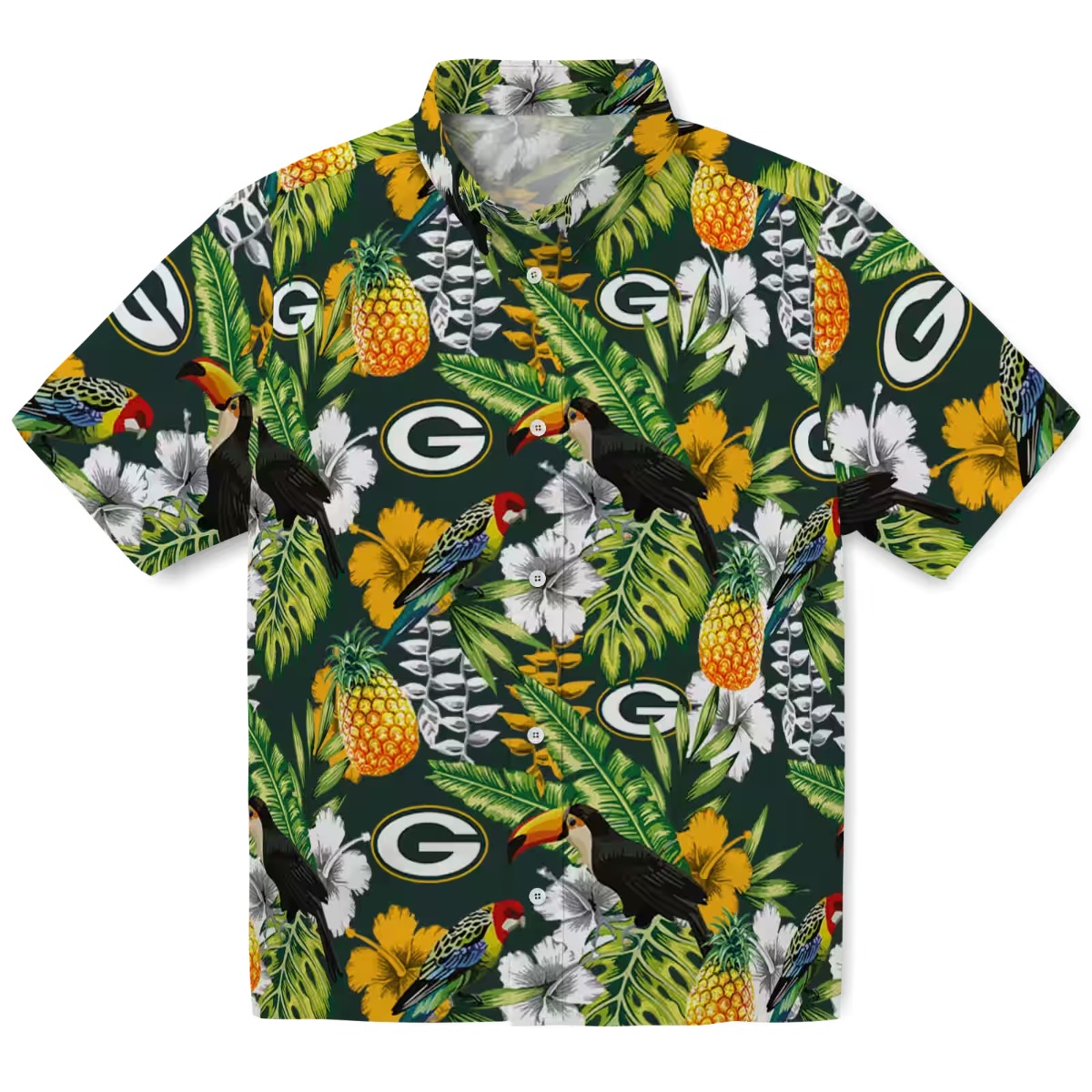 Green Bay Packers Tropical Toucan Pineapple Floral Green Hawaiian Button-Down Shirt