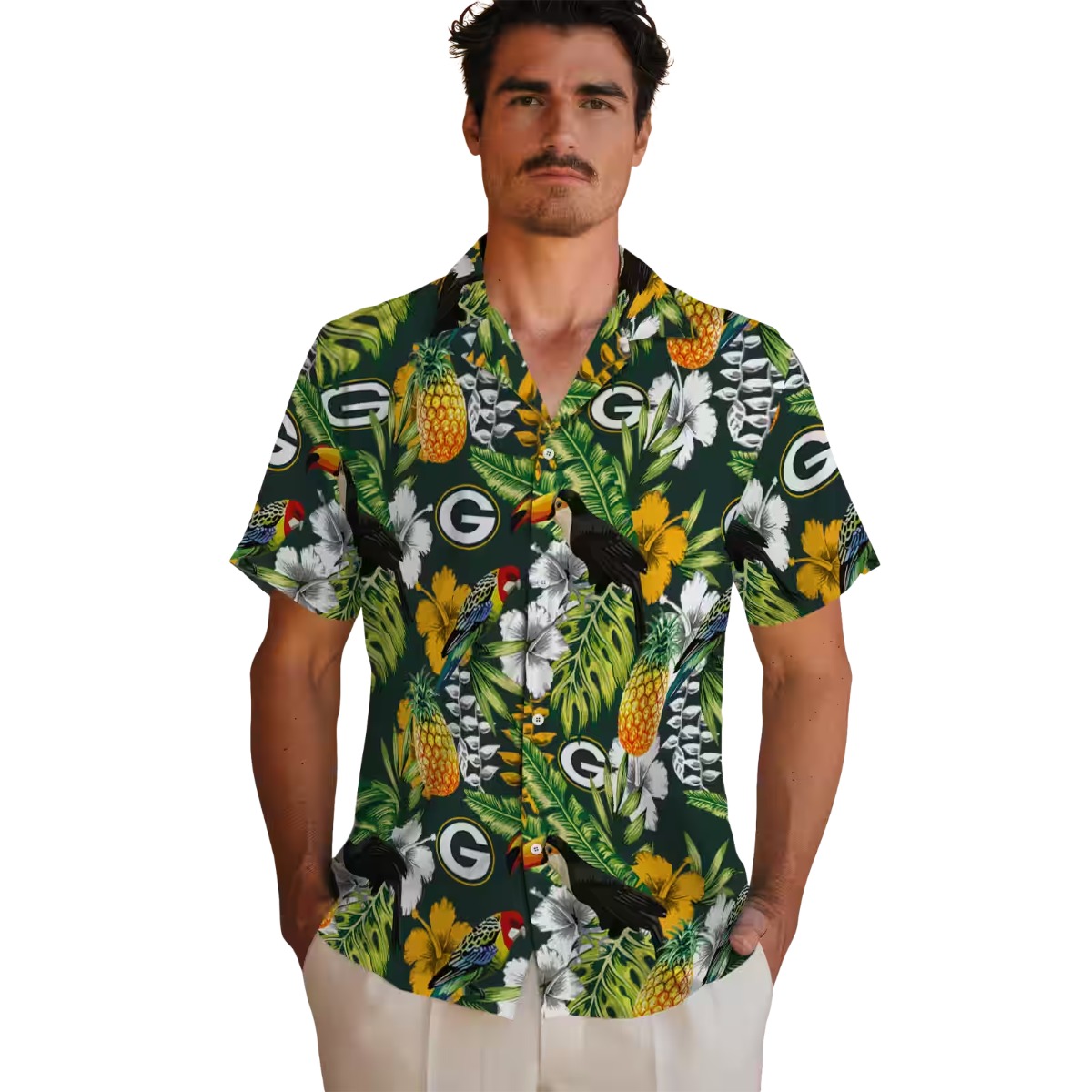 Green Bay Packers Tropical Toucan Pineapple Floral Green Hawaiian Button-Down Shirt