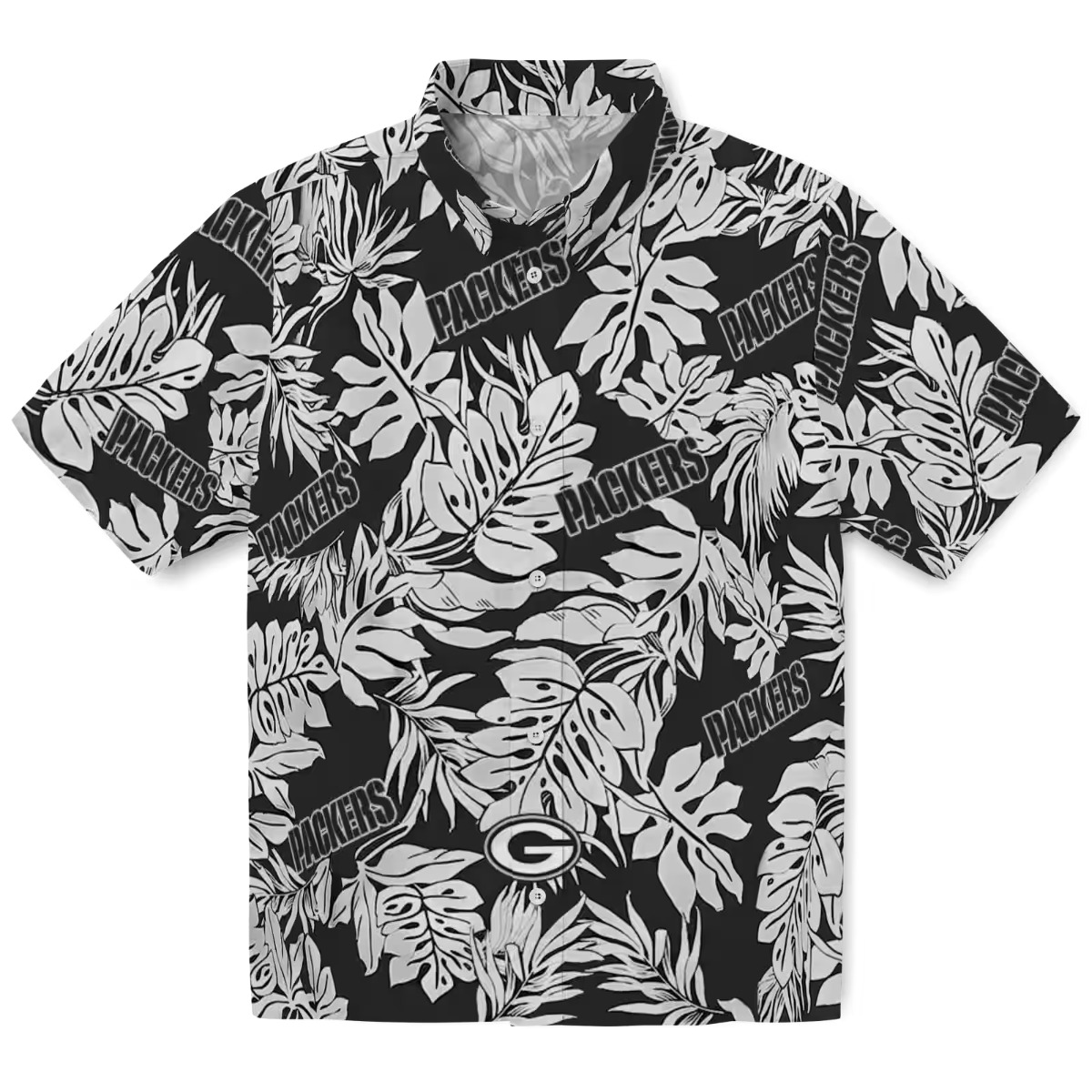 Green Bay Packers Unisex Black and White Tropical Monstera Leaf Hawaiian Button-Down Shirt