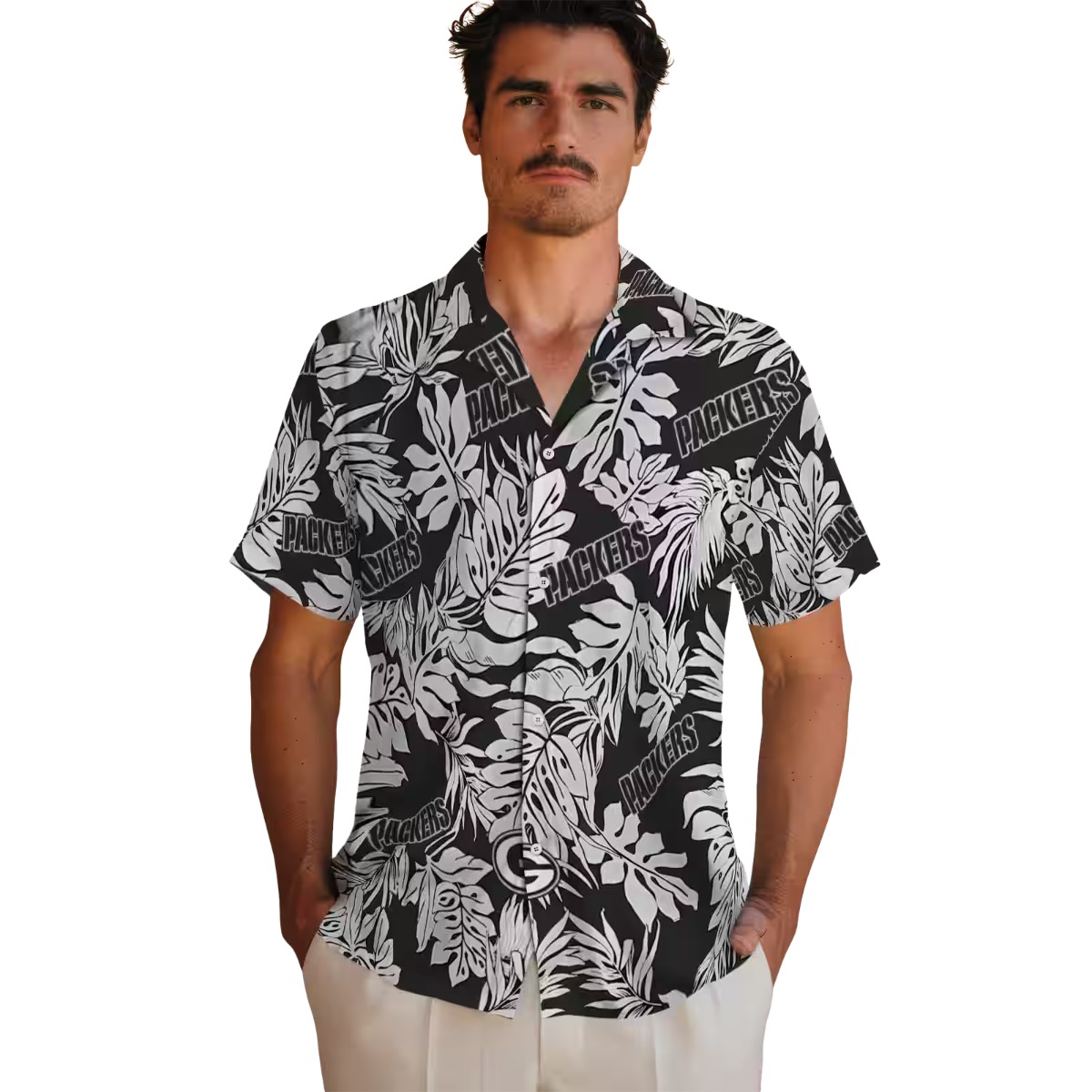 Green Bay Packers Unisex Black and White Tropical Monstera Leaf Hawaiian Button-Down Shirt