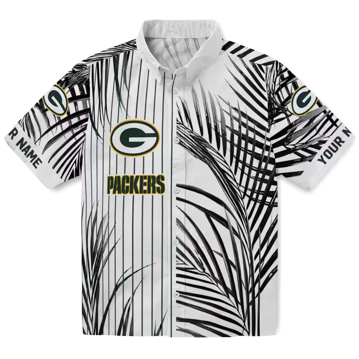 Green Bay Packers Unisex Hawaiian Button-Down Shirt - Black White Palm Leaf Tropical Vertical Stripe Print