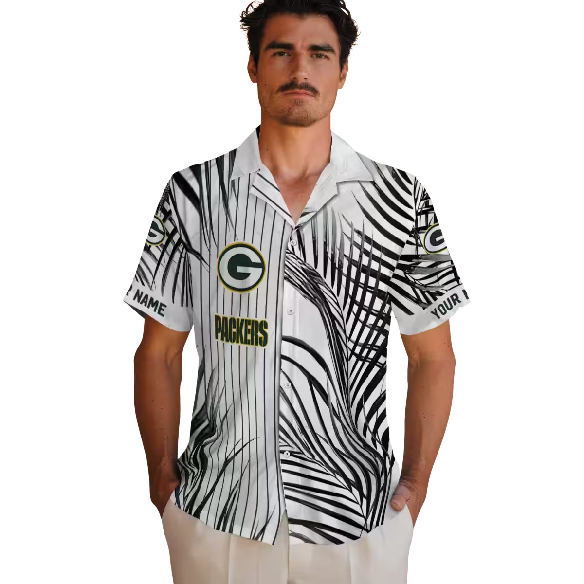 Green Bay Packers Unisex Hawaiian Button-Down Shirt - Black White Palm Leaf Tropical Vertical Stripe Print