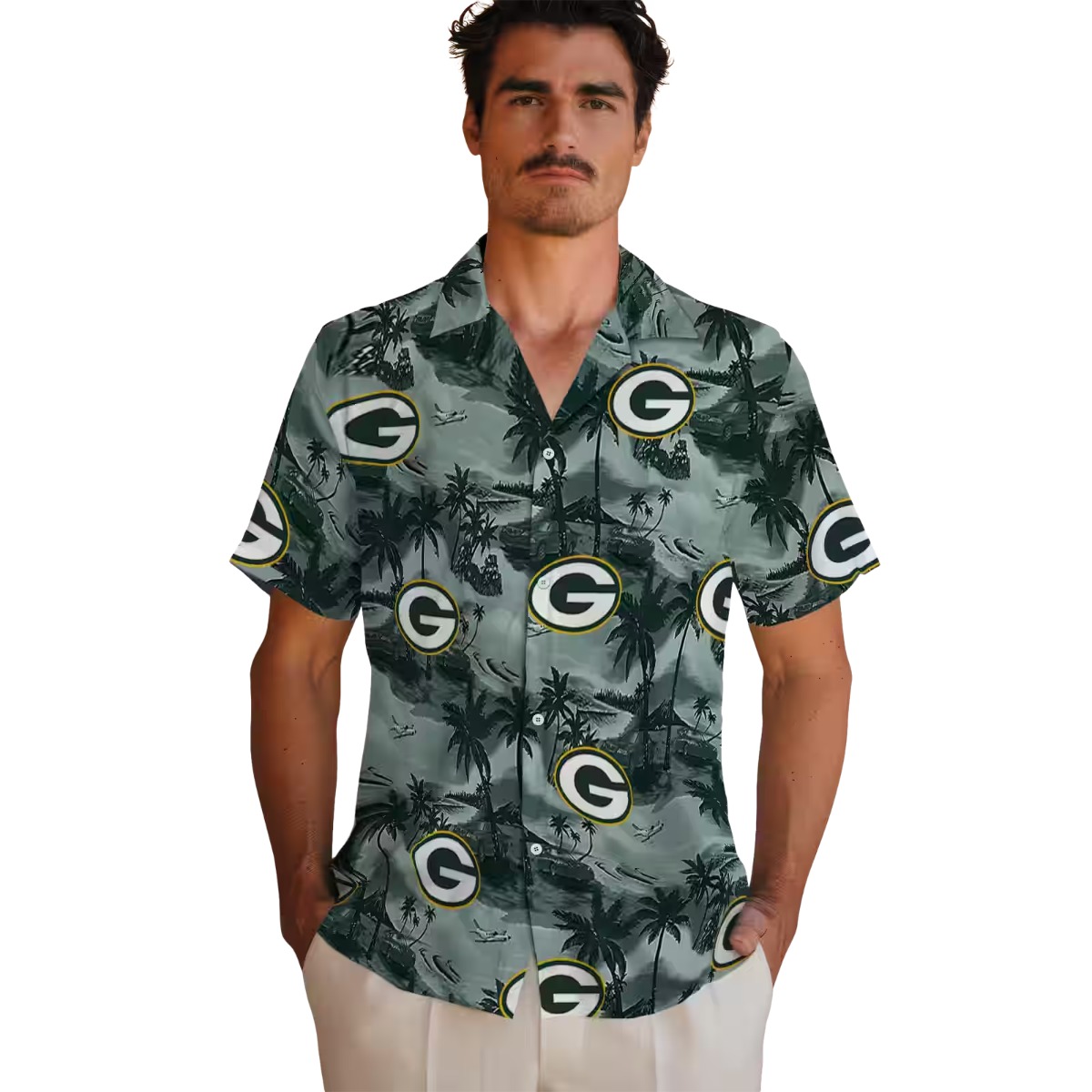 Green Bay Packers Unisex Hawaiian Shirt - Short Sleeve Coastal Palms Tropical Print Button-Down