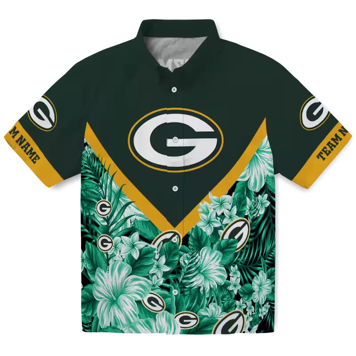 Green Bay Packers Unisex Hawaiian Shirt Tropical Floral Print Chevron Button-Down