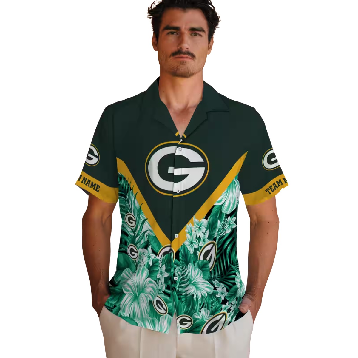 Green Bay Packers Unisex Hawaiian Shirt Tropical Floral Print Chevron Button-Down