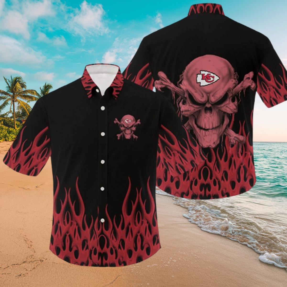 Men s Black Button-Down Shirt with Red Flames, Skull Bones Graphic, and Red Arrowhead KC Logo - Casual Summer Fan Apparel