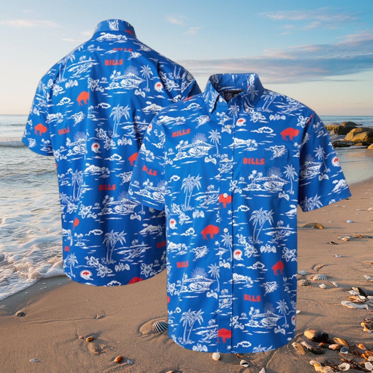 Men s Blue Tropical Hawaiian Shirt with Palm Trees, Islands, and Buffalo Bills Logo Print - Casual Summer Button-Down