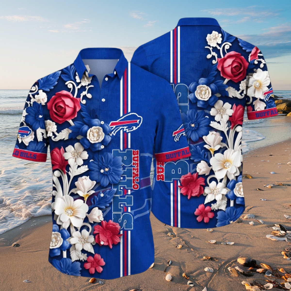 Men s Buffalo Bills Blue Hawaiian Shirt with 3D Floral Print - Short Sleeve Aloha Button-Down for Football Fans
