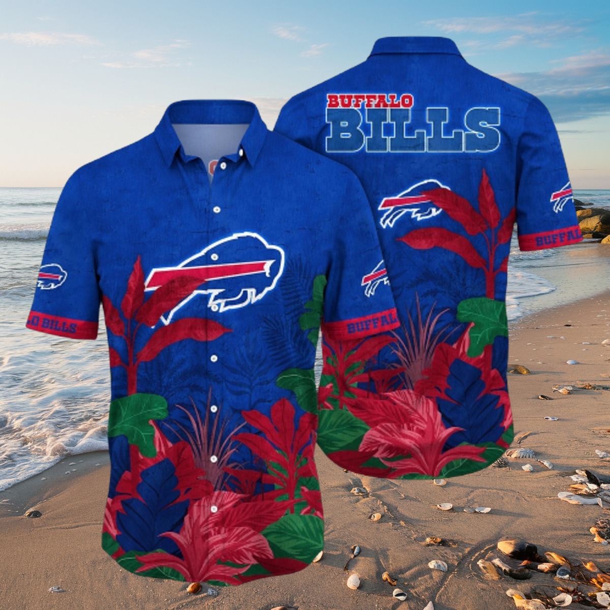 Men s Buffalo Bills Blue Tropical Leaf Print Hawaiian Button-Down Shirt with Team Logo Text - Casual Summer