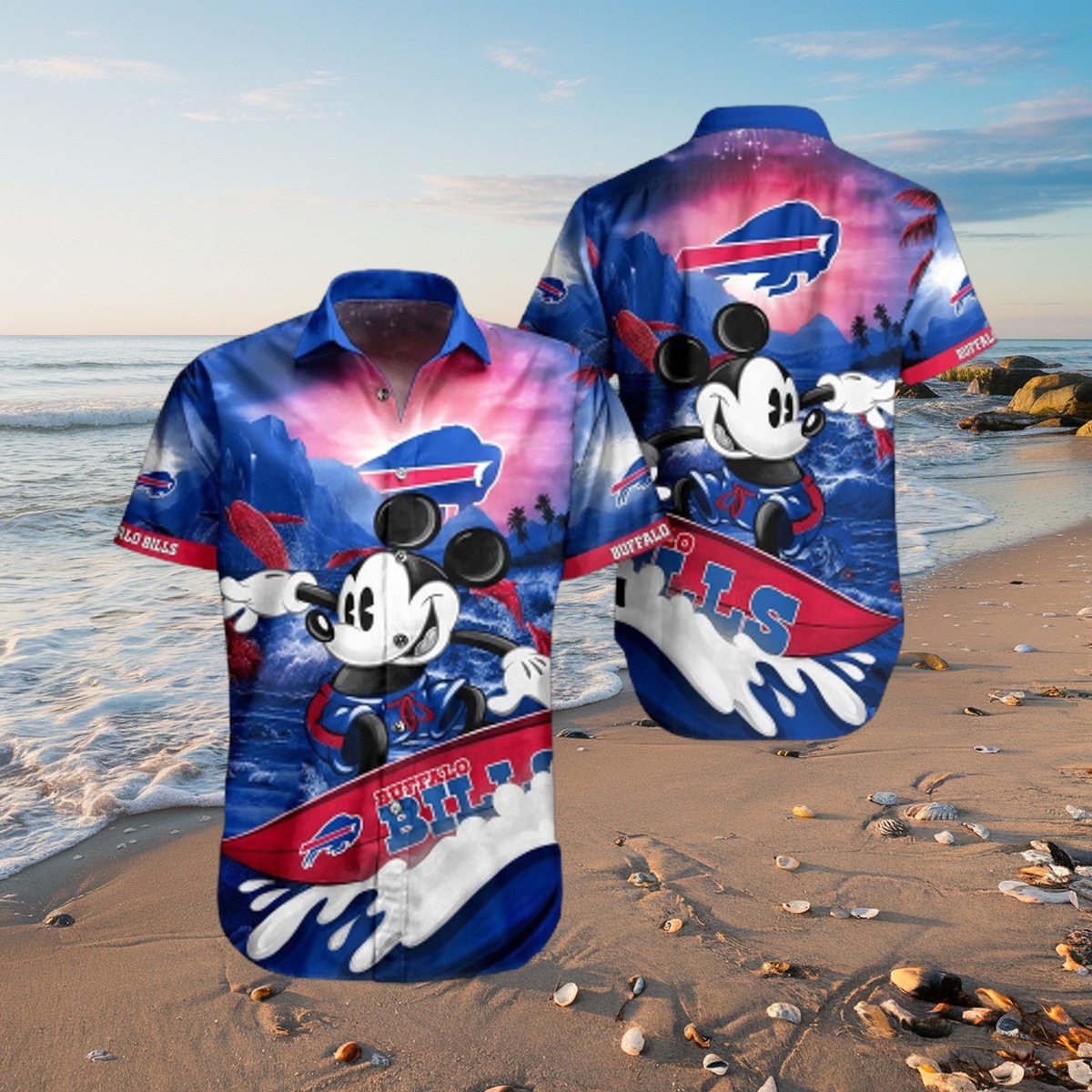 Men s Buffalo Bills Hawaiian Shirt Mickey Mouse Surfing Tropical Beach Print Button Down