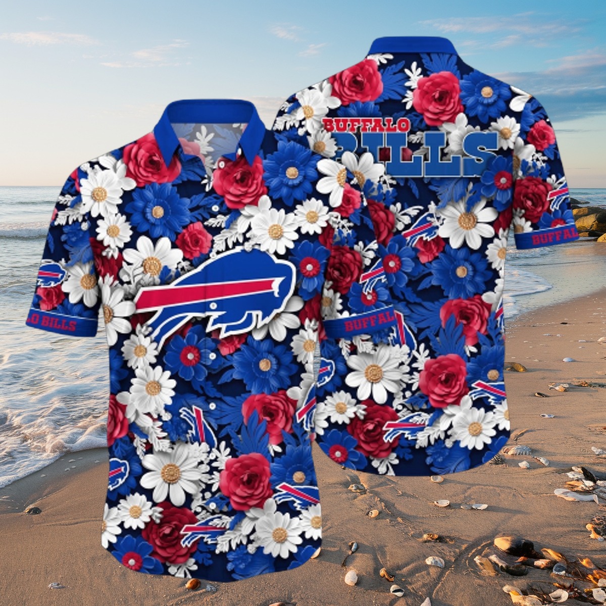 Men s Buffalo Bills Hawaiian Shirt, Tropical Red White Blue Floral Print Button-Down