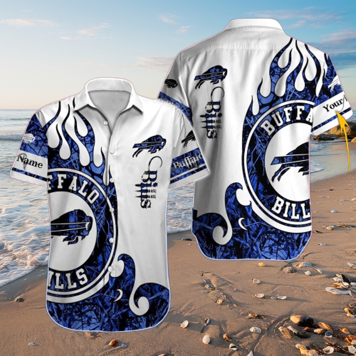 Men s Buffalo Bills Hawaiian Shirt with Blue Flame Logo Design - NFL Aloha Button-Down