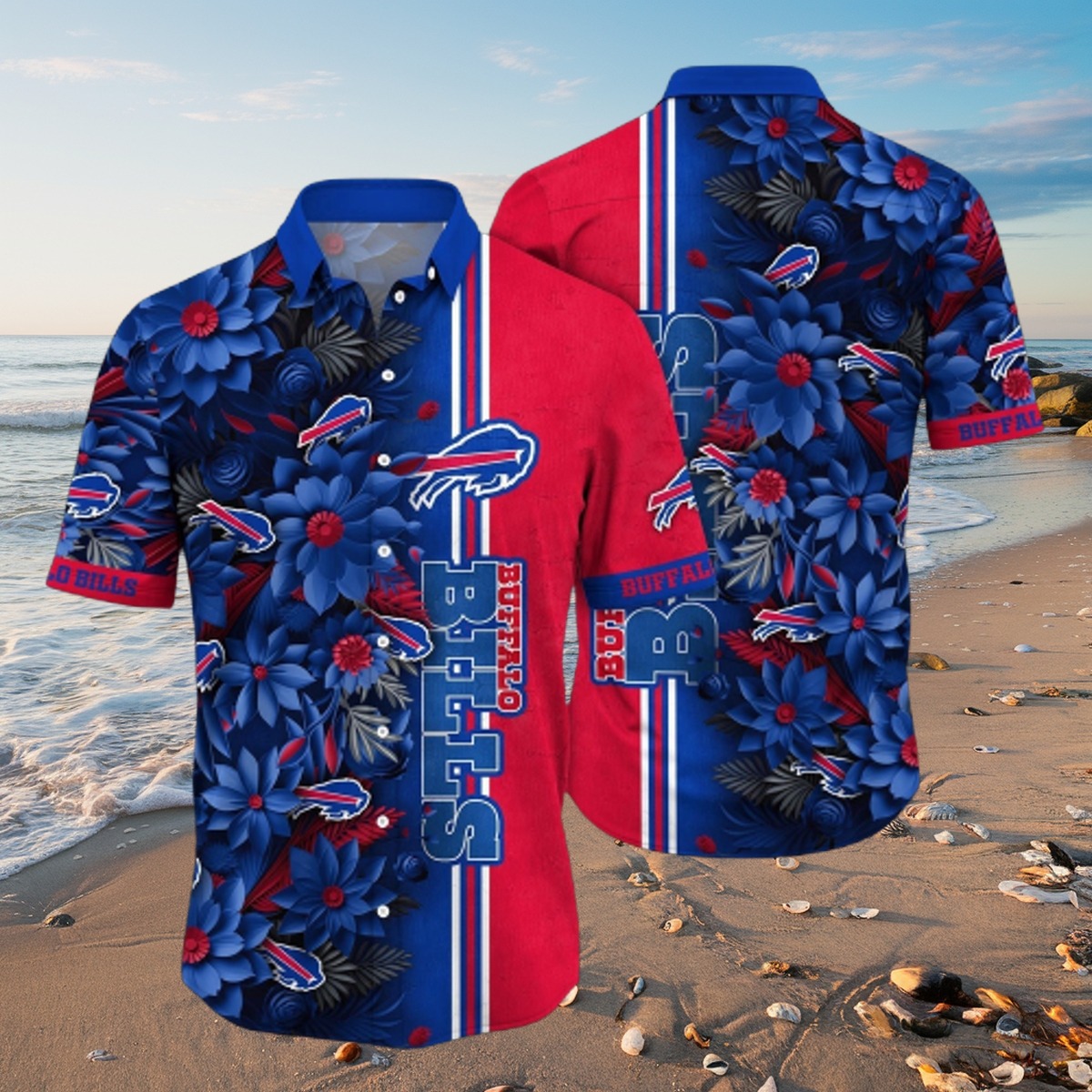 Men s Buffalo Bills Hawaiian Shirt with Blue Floral Tropical Pattern Short Sleeve Button Down