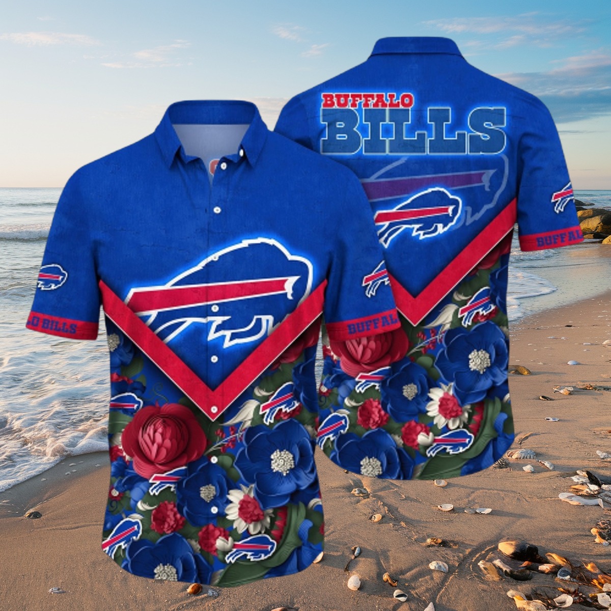Men s Buffalo Bills Hawaiian Shirt with Floral Print - Tropical Summer Button-Down