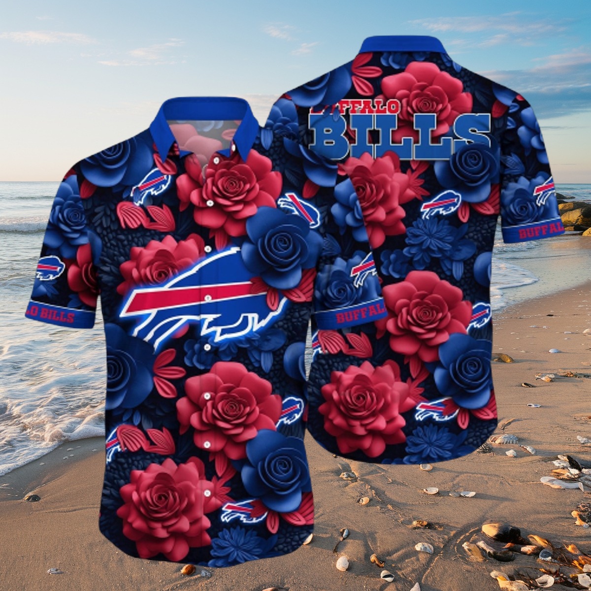 Men s Buffalo Bills Hawaiian Shirt with Red and Blue Rose Floral Print - NFL Fan Button-Down