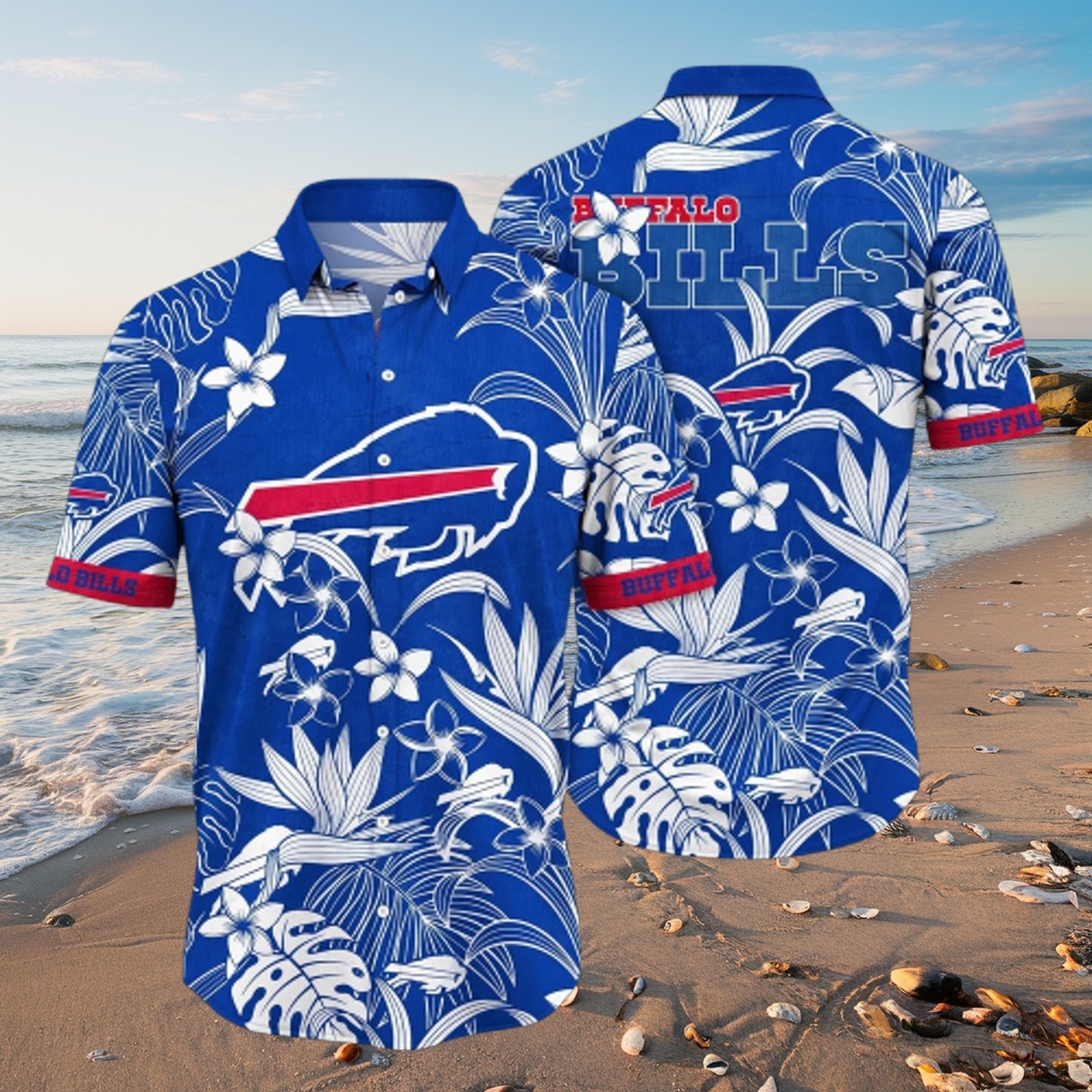 Men s Buffalo Bills Hawaiian Shirt with Tropical Floral Print - Blue Short Sleeve Button-Down