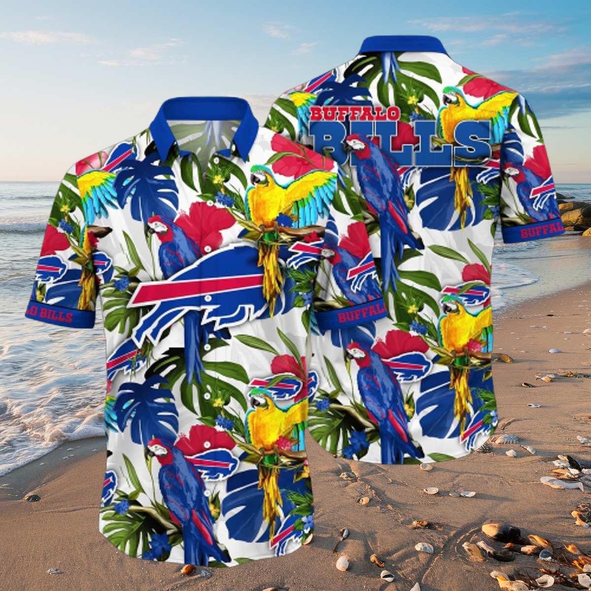 Men s Buffalo Bills Hawaiian Shirt with Tropical Parrot and Flower Print - Casual Summer Beach Button-Down