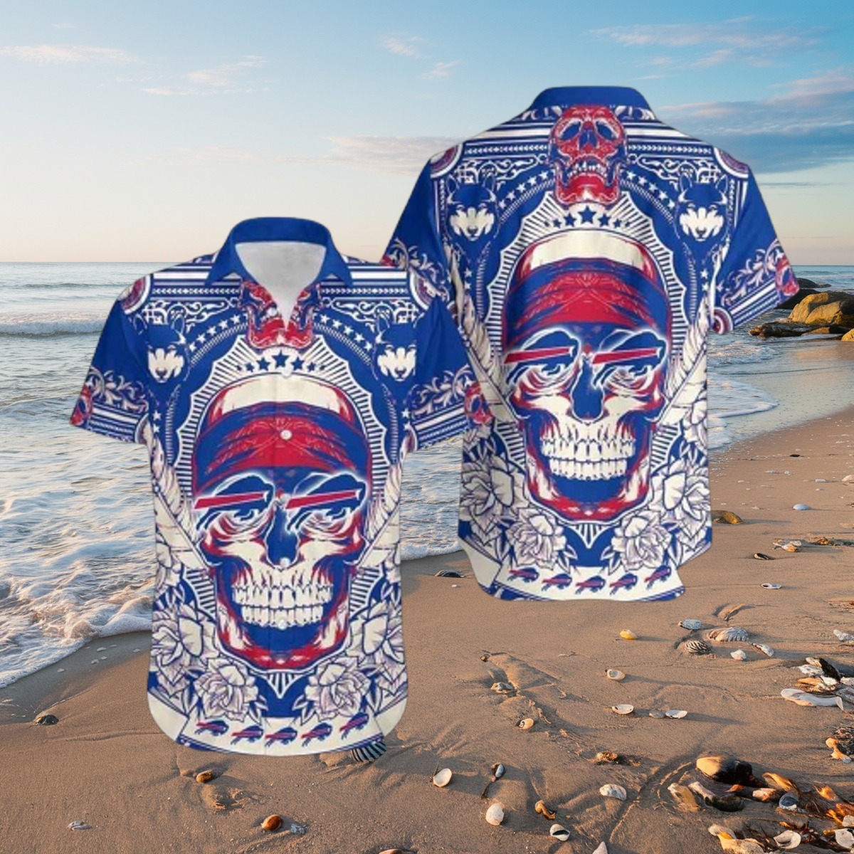 Men s Buffalo Bills NFL Hawaiian Shirt - Blue White Red Skull Graphic with Wolves Roses - Casual Tropical Button-Down